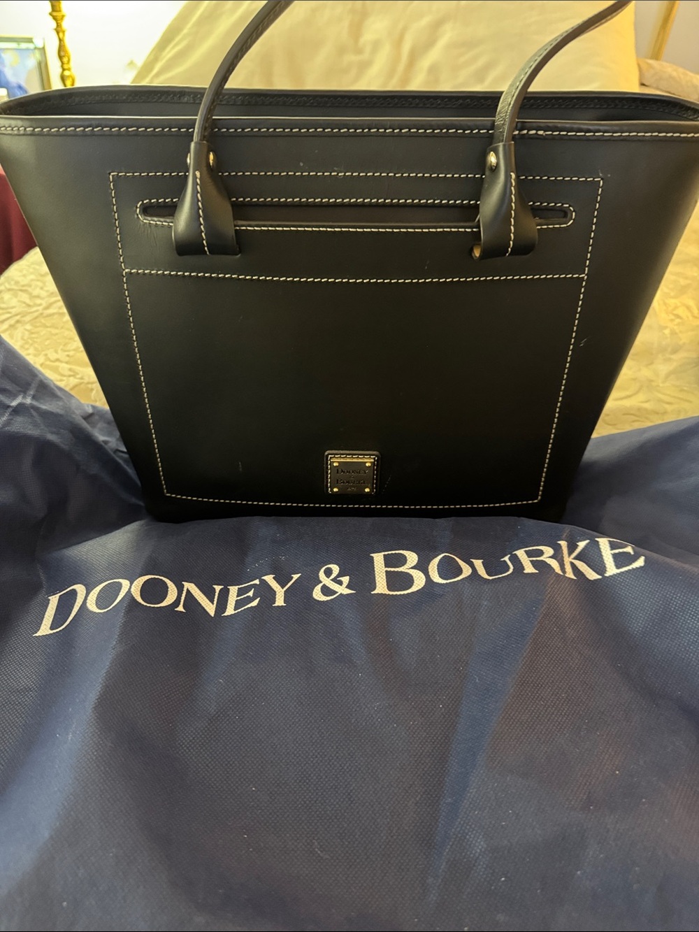 Dooney & Bourke Black Leather Tote with White Contrast Stitching